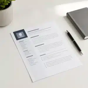 Documento curriculum ordinato su scrivania professionale