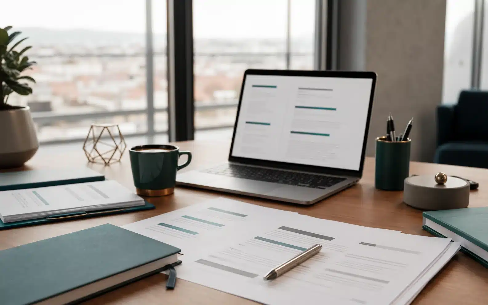Scrivania professionale con curriculum e strumenti di consulenza carriera